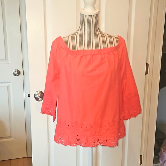 Tommy Hilfiger Coral Off the Shoulder Embroidered Eyelet Hem Size S Blouse - Picture 1 of 12